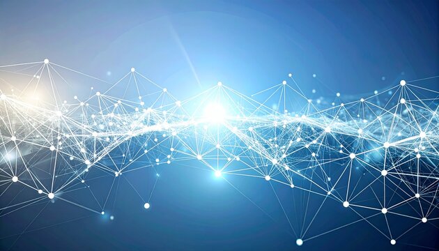 Futuristic digital network connection concept with a glowing plexus structure, representing global communication and data flow on a blue background