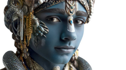 a serene blue skinned Hindu deity head shoulders portrait isolated on white background