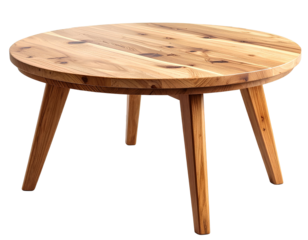 Rustic Wooden Table: A beautifully crafted round wooden table stands gracefully, showcasing its warm natural wood grain and sturdy, angled legs. Its design blends functionality and rustic elegance.