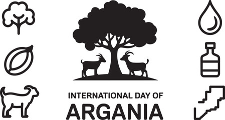 Fototapeta premium International Day of Argania vector art with argan tree, goats, cotton, nut, water drop, oil bottle, and map icons
