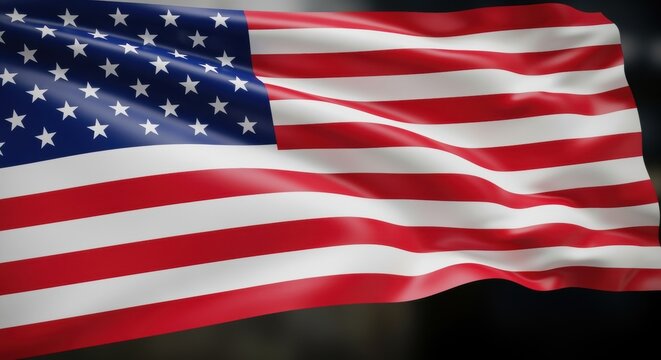 A large, waving American flag with red and white stripes and a field of white stars on a blue background. The flag symbolizes American patriotism, nationalism, and pride. - Powered by Adobe