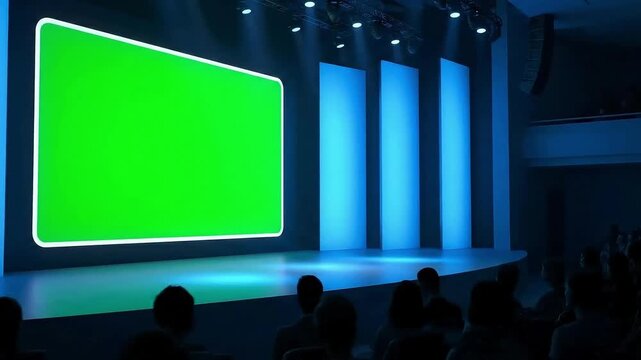 Captivating conference stage with vibrant green screen backdrop and waiting audience for speaker presentation at business event
