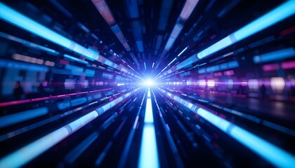 Blur light rays. Defocused neon glow. Sci-Fi illumination. Bokeh navy blue color gradient ultraviolet radiance flare on dark black futuristic abstract ..