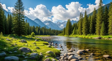 Breathtaking mountain landscape with a serene river, lush forests, and towering peaks under a scenic cloudy sky. A tranquil natural setting featuring a rocky riverbed and vibrant greenery.