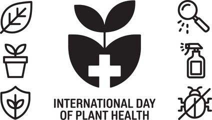 International Day of Plant Health vector art with leaf, plant in pot, shield, magnifying glass, spray bottle, and bug icons