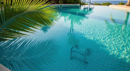 Fototapeta premium Serene infinity pool with turquoise waters, surrounded by lush palms and ocean views. Luxurious resort setting offers tropical tranquility.