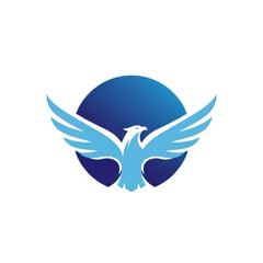 Obraz premium Striking flying eagle or phoenix with outstretched wings in a light blue gradient set against a dark blue circle corporate logo