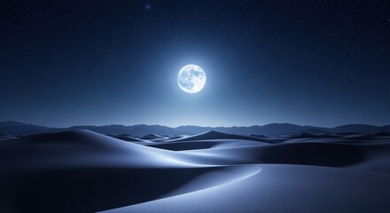 A tranquil desert landscape bathed in the serene glow of a full moon, with a starry night sky adding to the enchanting ambiance.