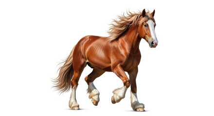 Fototapeta premium A majestic, brown horse galloping with its mane flowing in the wind. The horse has a powerful, muscular build and appears to be moving with grace and energy against a plain white background.