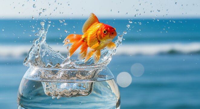 A vibrant goldfish swims in a glass bowl, its bright orange and yellow scales contrasting with the blurred, turquoise ocean backdrop. The fish's flowing fins create a sense of movement and energy.