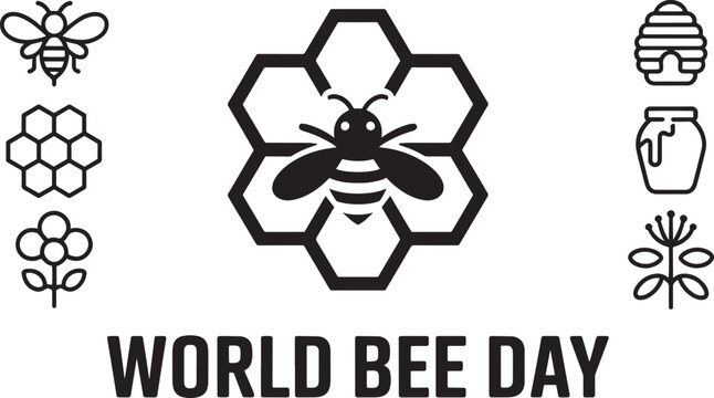 World Bee Day with large bee on honeycomb and various bee related icons