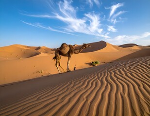 a lone camel walking across golden desert sands under a clear blue sky