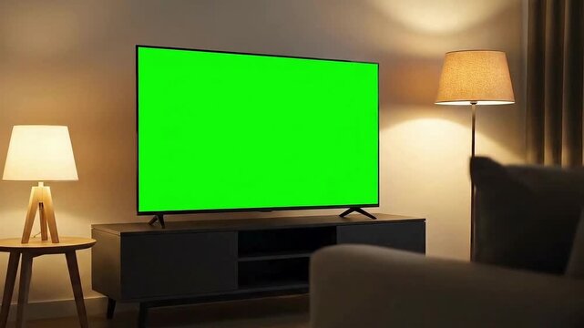 Modern living room with vibrant green screen TV ready for compelling virtual content and dynamic media streaming display