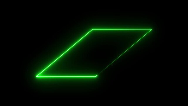 Green neon parallelogram shape glowing on black background abstract design