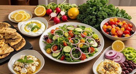 Vibrant Mediterranean salad with fresh greens, tomatoes, cucumbers, onions, and healthy accompaniments like hummus, olives, and lemon wedges.