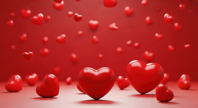 A vibrant display of heart-shaped red balloons or ornaments floating against a crimson backdrop, creating a romantic, festive atmosphere for Valentine's Day or love-themed celebrations.