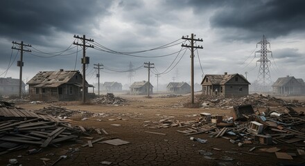 A desolate, post-apocalyptic landscape with abandoned wooden houses, debris, and power lines. The gloomy atmosphere is enhanced by the dark, cloudy sky, suggesting devastation and decay.