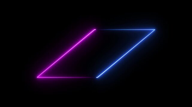 Abstract glowing neon rhombus shape in blue and pink on black background