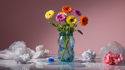 Minimal flower arrangement with pastel background and glass vase