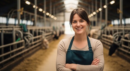 Obraz premium A smiling young woman in an apron stands in a barn or farm setting, surrounded by livestock pens and equipment. The image conveys a sense of warmth, community, and rural life.