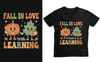 Retro Fall In Love With Learning T-Shirt Design - Cute Teacher/Student Pumpkin & Leaf Graphic