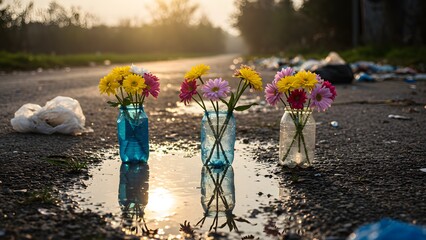 Colorful flower vases reflected on wet glass surface outdoors
