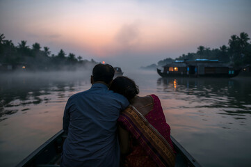 Couple enjoys a serene moment on a boat as twilight descends over a tranquil river in Kerala, India