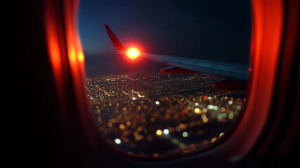 Airplane window view of city lights at night with wingtip light - Powered by Adobe