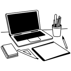 Vector art of overhead view of a desk with a laptop, notebooks, pens, and a ruler, ideal for illustrating design, architecture, or creative work