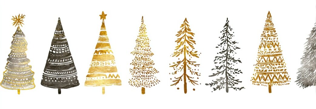 Array of Pixelated Christmas Trees In Gold and Gray Colors On White Background - Powered by Adobe