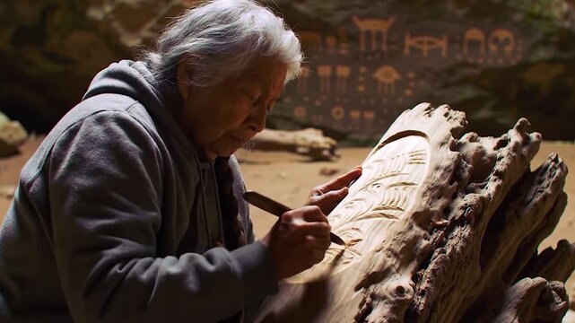 Elderly artisan carving intricate designs into wood handicraft traditional cultural craftsmanship skill