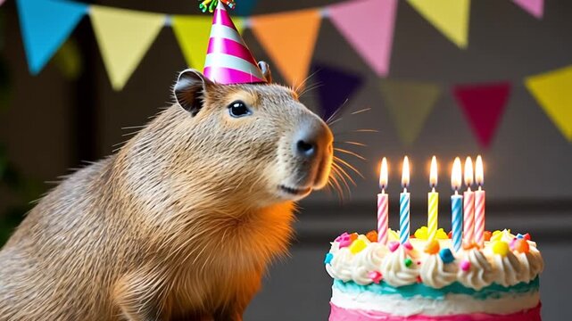 Capybara wearing a striped party hat smiling next to a colorful birthday cake with lit candles. Festive party flag ambiance