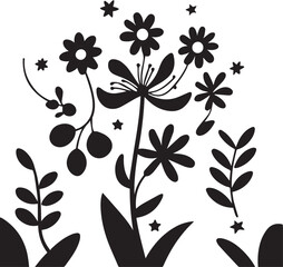 Simple black and white flower with smiling face and leaves