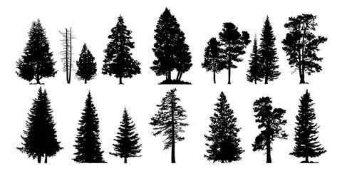 Obraz premium Black Silhouette Collection of Trees on White Background Illustration Showing Nature Concepts