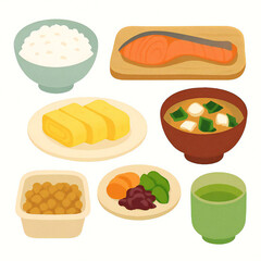 焼き鮭と味噌汁の和朝食を描いたシンプルなイラスト