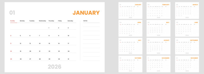 Clean and simple calendar template for 2026. Monthly 2026 calendar layout with daily planner and notes.