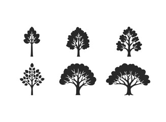 Set of six stylized black trees
