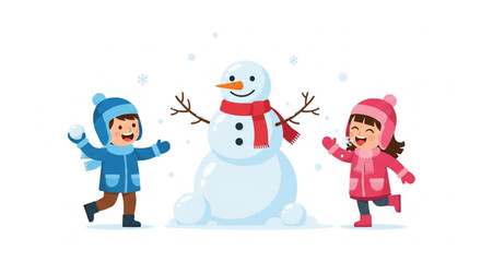 Cheerful children building a snowman together in the winter snow, pure joy displayed