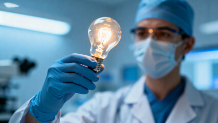 Scientist holding lit lightbulb