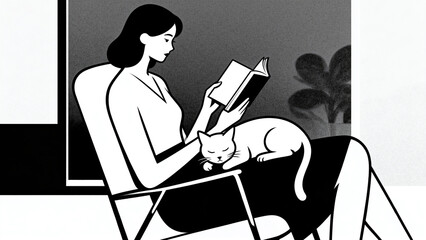 Woman reading book with cat on her lap