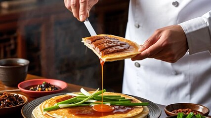 Chef hands expertly preparing a traditional Peking duck roll, layering roasted duck slices, hoisin sauce, and fresh scallions on a pancake