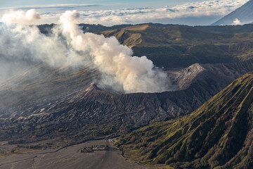 From a King Kong viewpoint at sunrise. Outdoor view of mount Bromo, East Java, Bromo Tengger Semeru National Park, Indonesia