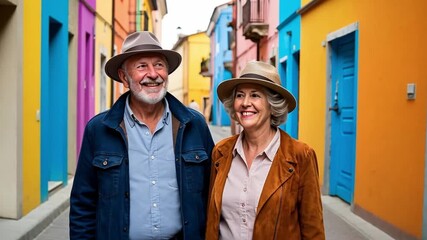 Happy senior couple exploring a vibrant colorful street, enjoying vacation and retirement together. They are smiling at the camera