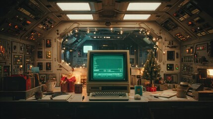 A Vintage Workspace: Nostalgic Computer, Decorations, and Warm Lights Inside a Cozy Space Station