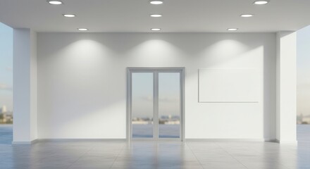 Fototapeta premium Minimalist modern interior with glass doors and blank wall space.