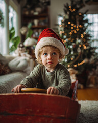 Playful Child Pretending to Drive Santa’s Sleigh at Home