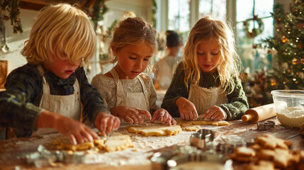 Family Baking Christmas Cookies Together in a Festive Kitchen