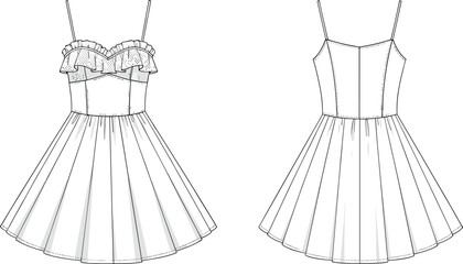 Spaghetti strap ruffle dress technical flat sketch, women’s fashion apparel vector design, front and back view illustration, cad drawing flat vector illustration