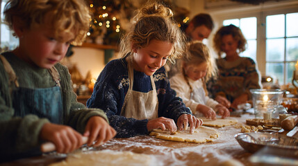 Family Baking Christmas Cookies Together in a Festive Kitchen