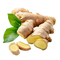 Fototapeta premium Fresh ginger root green leaves healthy spice food ingredient herb isolated transparent in clear view with natural colors and sharp focus on a plain background. Simple clean style for stock use in prin